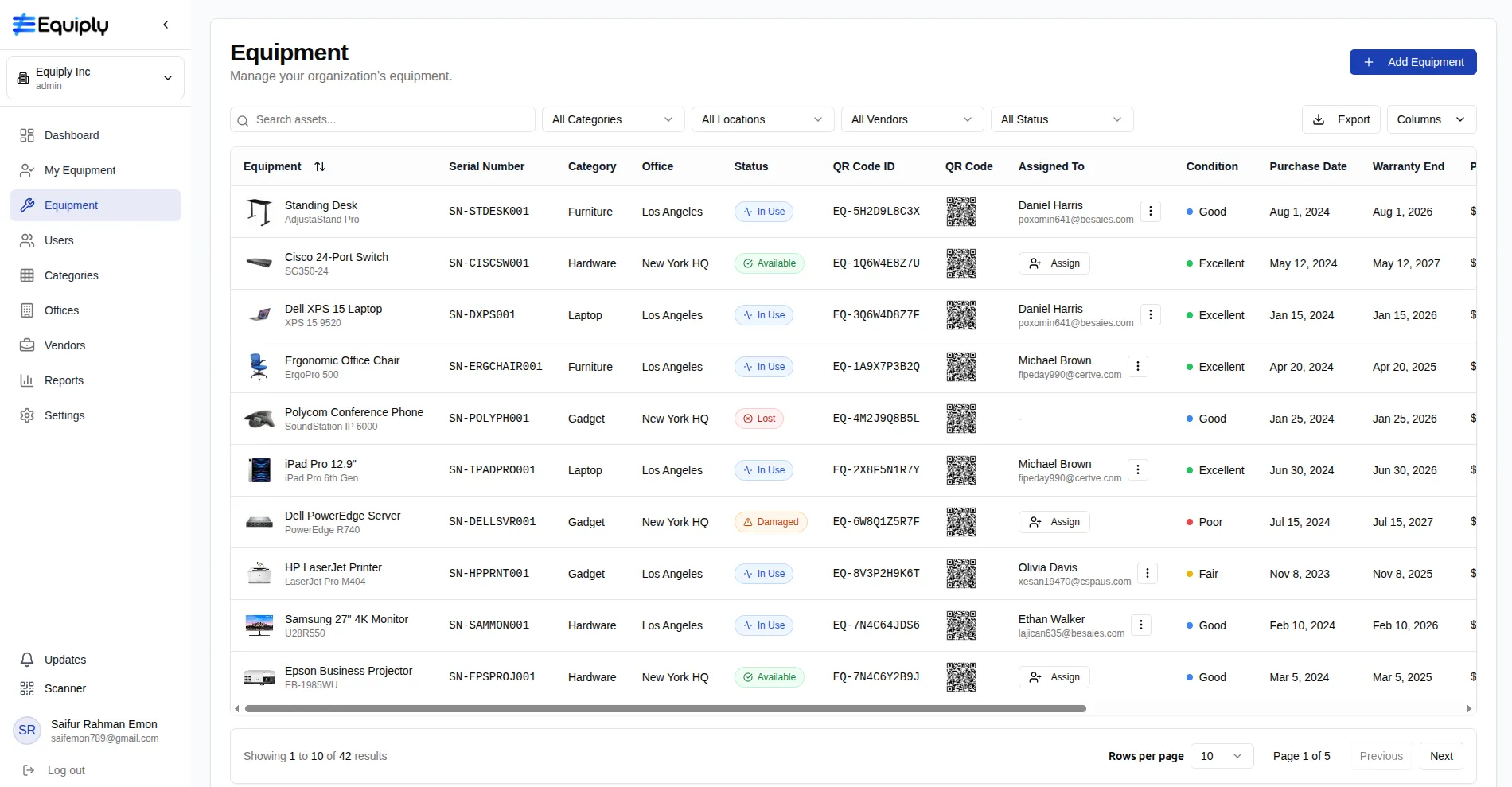 Equiply Dashboard Interface